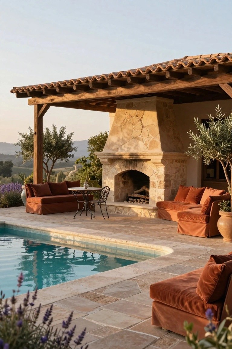 Wooden pergola with terracotta tile roof covering a stone outdoor fireplace, orange corduroy sofas, small round table with wrought-iron chairs on tiled patio beside a curved swimming pool, flanked by olive trees and lavender, with hillside views at dusk.