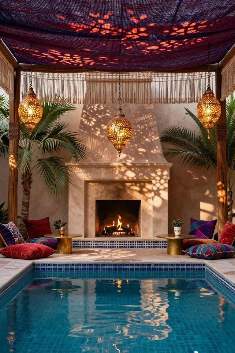 Outdoor pool area under purple fabric canopy with hanging gold lanterns, two palm trees, colorful floor cushions around brass table, stone fireplace with burning fire, and blue tiled pool in foreground.