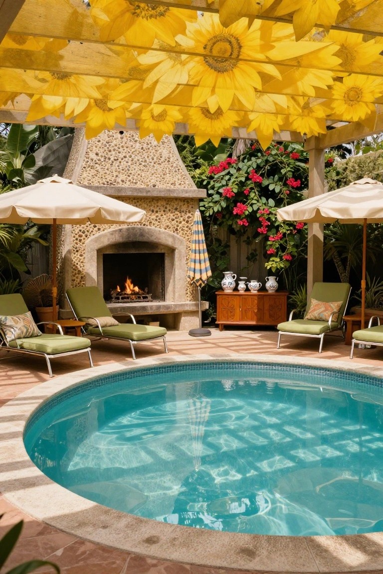 Round turquoise pool with lounge chairs, lit stone outdoor fireplace, beige umbrellas, wooden cabinets, and a pergola overhead covered in yellow sunflowers amid tropical plants and bougainvillea.