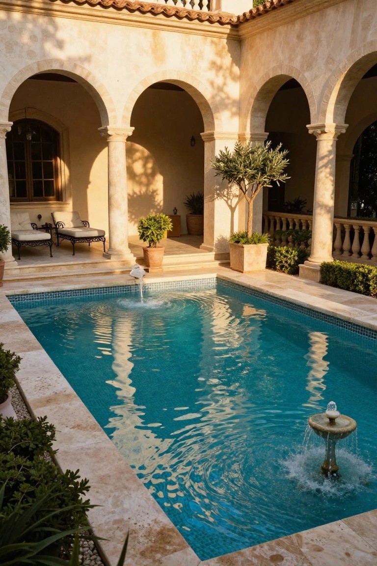 20 Creative Pool and Landscape Design Ideas For Visual Balance Turquoise pool with central fountain in a beige stucco courtyard featuring arched colonnades, stone columns, lounge chairs, potted plants, and low hedges.
