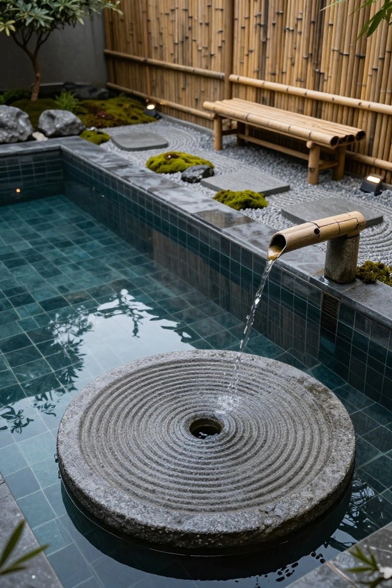 20 Creative Pool and Landscape Design Ideas For Visual Balance Turquoise-tiled plunge pool with a bamboo fountain spout pouring water into a large circular ridged stone basin floating on the surface, surrounded by bamboo fencing, moss-covered rocks, gravel paths, and a wooden bench.
