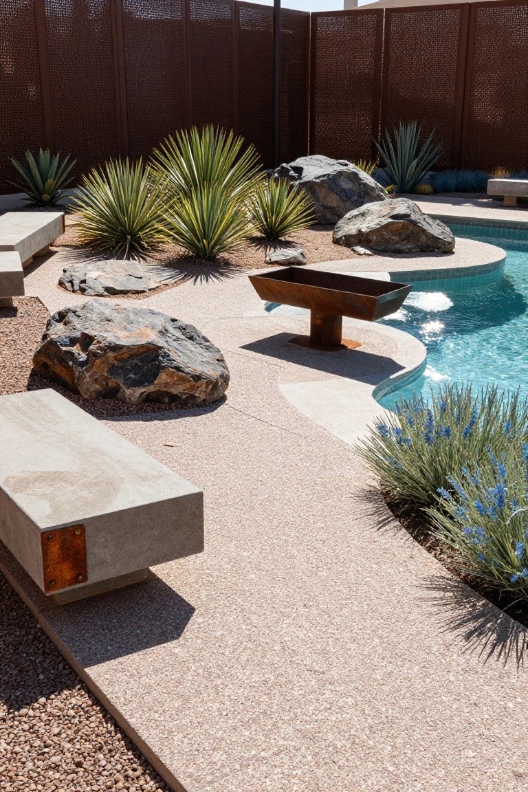 20 Creative Pool and Landscape Design Ideas For Visual Balance Curved turquoise pool edge surrounded by large gray boulders, agave and yucca plants, a concrete bench, rusted metal trough on stand, gravel paths, and rust-colored metal fence in background.