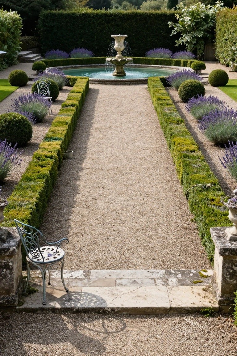 20 Creative Pool and Landscape Design Ideas For Visual Balance Symmetrical formal garden with central turquoise fountain pool, clipped boxwood hedges, lavender borders, gravel path, topiary balls, and a wrought-iron chair at the entrance.
