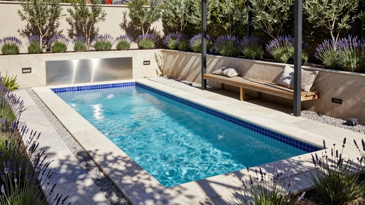 Wooden daybed with beige cushions on a raised platform surrounded by lavender plants in concrete beds next to a blue mosaic-tiled pool edge with pebble mulch and agave plants.