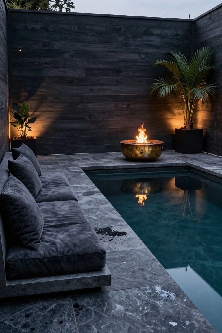 20 Creative Pool and Landscape Design Ideas For Visual Balance Small rectangular turquoise pool adjacent to a lit brass fire bowl on gray stone tiles in a dark wood-walled courtyard with low gray sofa, potted plants, and palm tree.