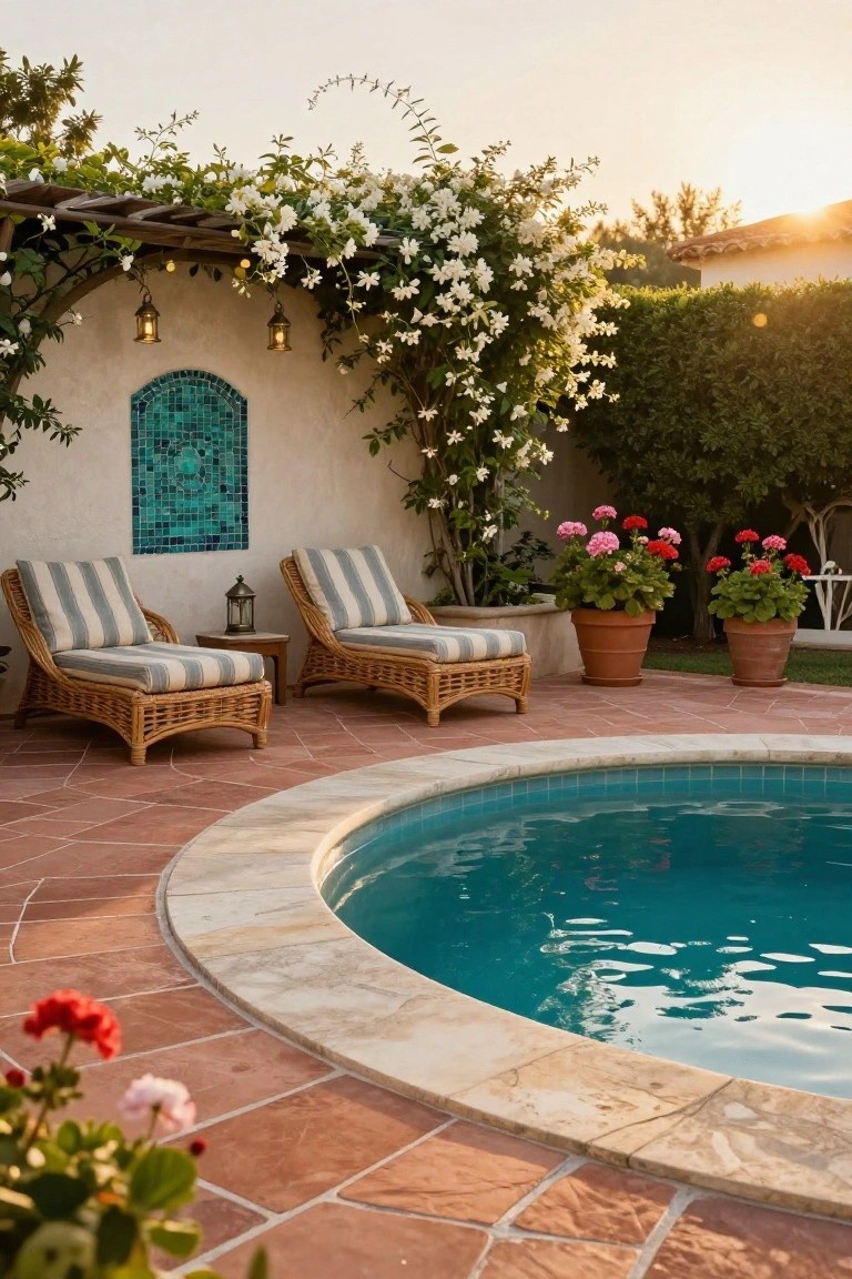 20 Creative Pool and Landscape Design Ideas For Visual Balance Curved turquoise pool with terracotta tile surround and beige striped rattan lounge chairs under a wooden pergola covered in white flowering vines, potted red geraniums nearby, and a turquoise tiled wall.