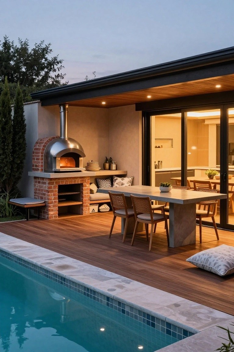 20 Creative Pool and Landscape Design Ideas For Visual Balance Wooden deck beside an in-ground pool with blue mosaic tiles and white stone coping, featuring a brick-based stainless steel pizza oven, concrete dining table with woven and wooden chairs, potted plants, and sliding glass doors to an indoor kitchen at dusk.