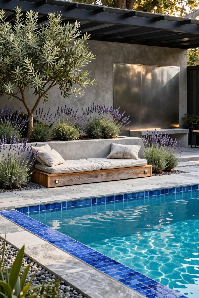 20 Creative Pool and Landscape Design Ideas For Visual Balance Wooden daybed with beige cushions on a raised platform surrounded by lavender plants in concrete beds next to a blue mosaic-tiled pool edge with pebble mulch and agave plants.