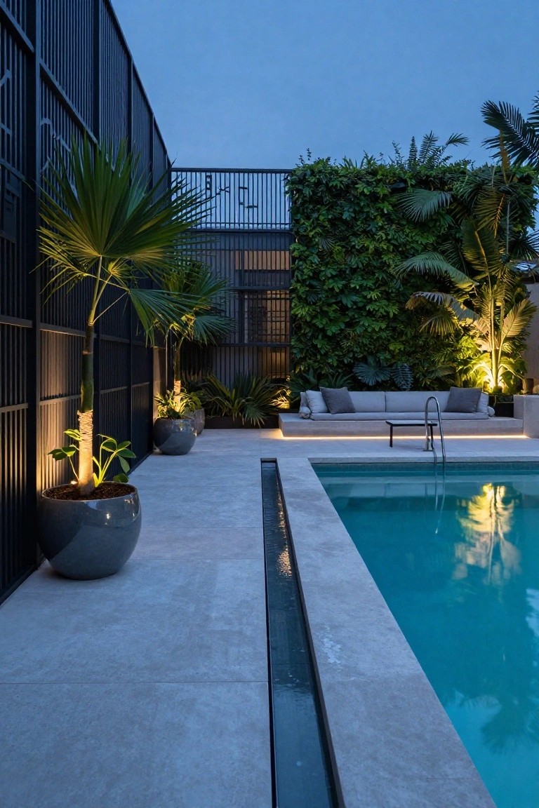 20 Creative Pool and Landscape Design Ideas For Visual Balance Evening view of a rectangular turquoise pool with gray stone deck and infinity edge, adjacent low white sofa on illuminated raised platform, tall potted palms, black metal fencing, and green wall backdrop.