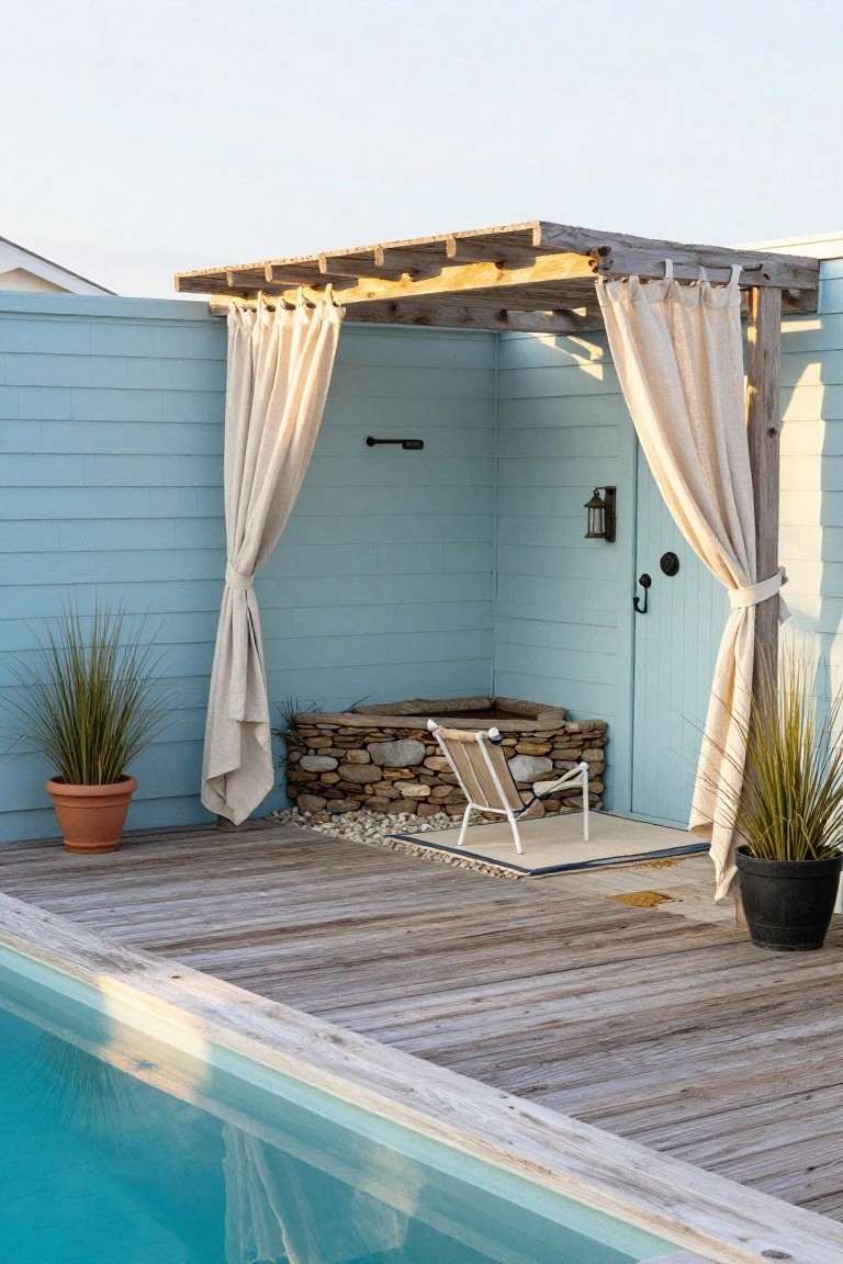 20 Creative Pool and Landscape Design Ideas For Visual Balance Wooden deck beside a turquoise pool with a pergola draped in beige curtains enclosing a stone fire pit, white lounge chair, potted grasses, and blue shingled wall with wooden door.