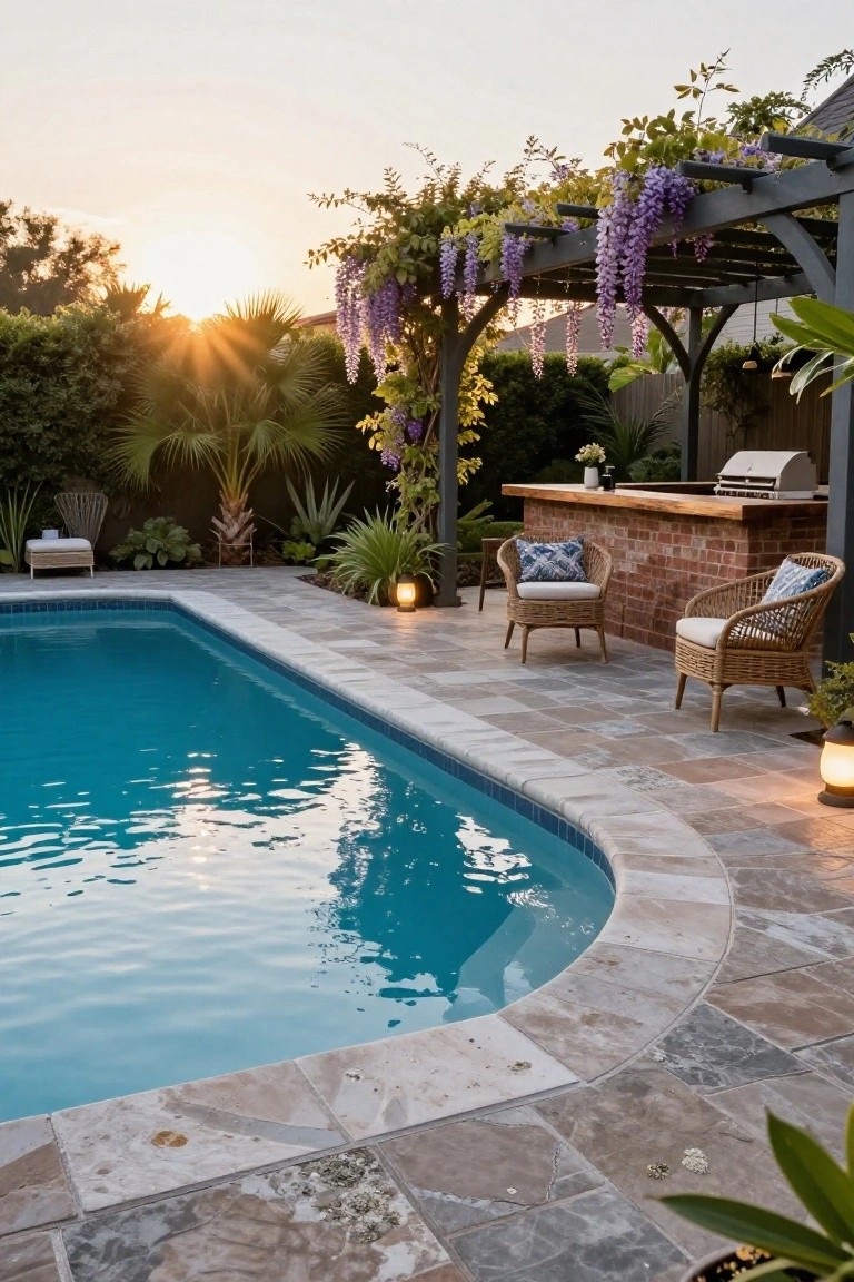 20 Creative Pool and Landscape Design Ideas For Visual Balance Backyard pool with blue water and curved travertine edge, brick outdoor bar under black pergola draped in purple wisteria, two rattan chairs with cushions on tiled deck, surrounded by palms and agave plants at sunset.