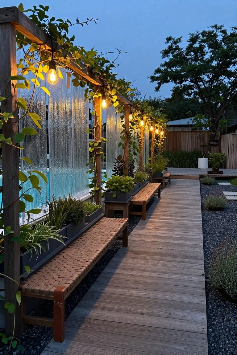 20 Creative Pool and Landscape Design Ideas For Visual Balance Wooden pergola with climbing vines and frosted glass panels along a poolside wooden walkway with benches, plants in containers, and warm hanging lights at dusk.