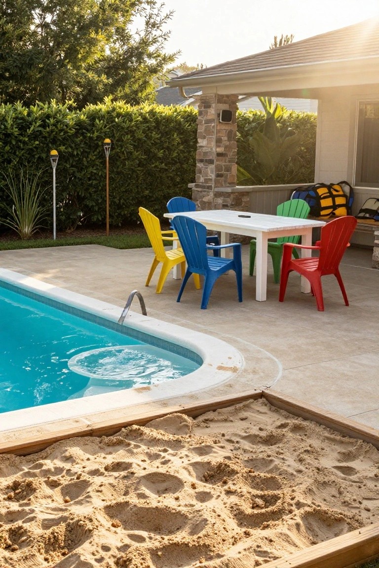 20 Creative Pool and Landscape Design Ideas For Visual Balance Kidney-shaped swimming pool with bubbling water feature next to a concrete patio holding a white table surrounded by colorful plastic Adirondack chairs, a wooden sandbox adjacent, hedges and plants in the background, and a house visible.