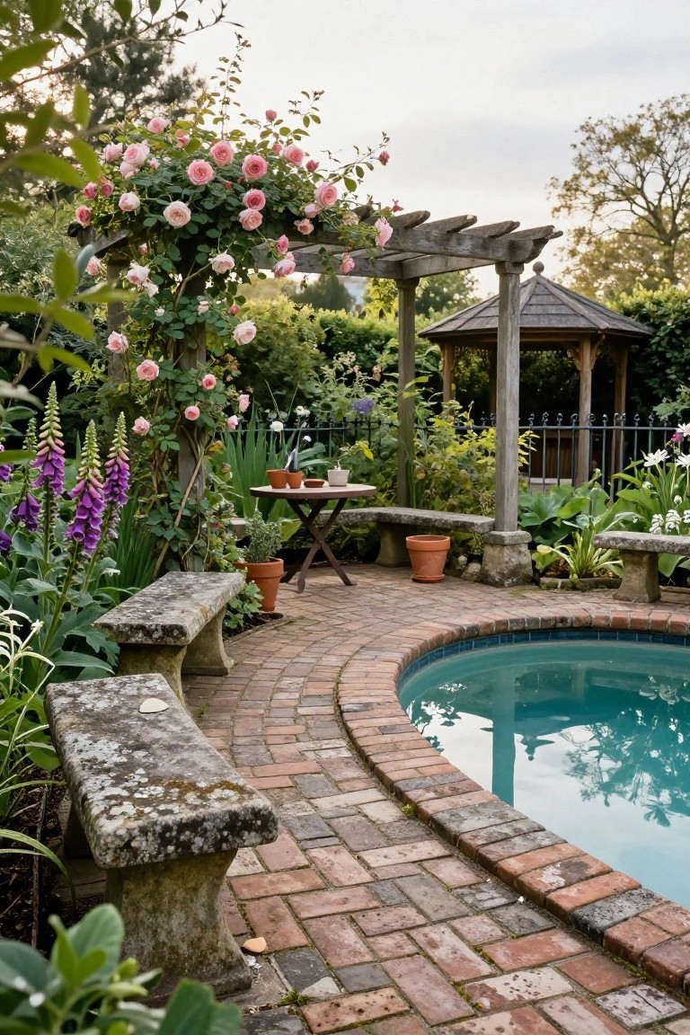 20 Creative Pool and Landscape Design Ideas For Visual Balance Small turquoise pool edged by curved red brick path and flanked by mossy stone benches, with pink climbing roses on a wooden pergola, purple foxgloves, potted plants, small table, and wooden gazebo amid lush greenery.