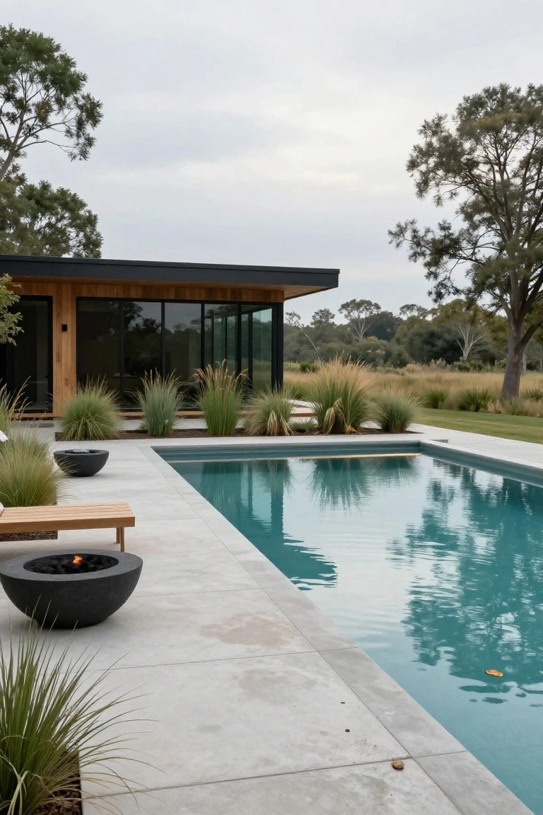 20 Creative Pool and Landscape Design Ideas For Visual Balance Modern house with wood and glass exterior beside a rectangular turquoise pool on a gray concrete deck, with two black fire bowls, a wooden bench, tall ornamental grasses, and surrounding trees.
