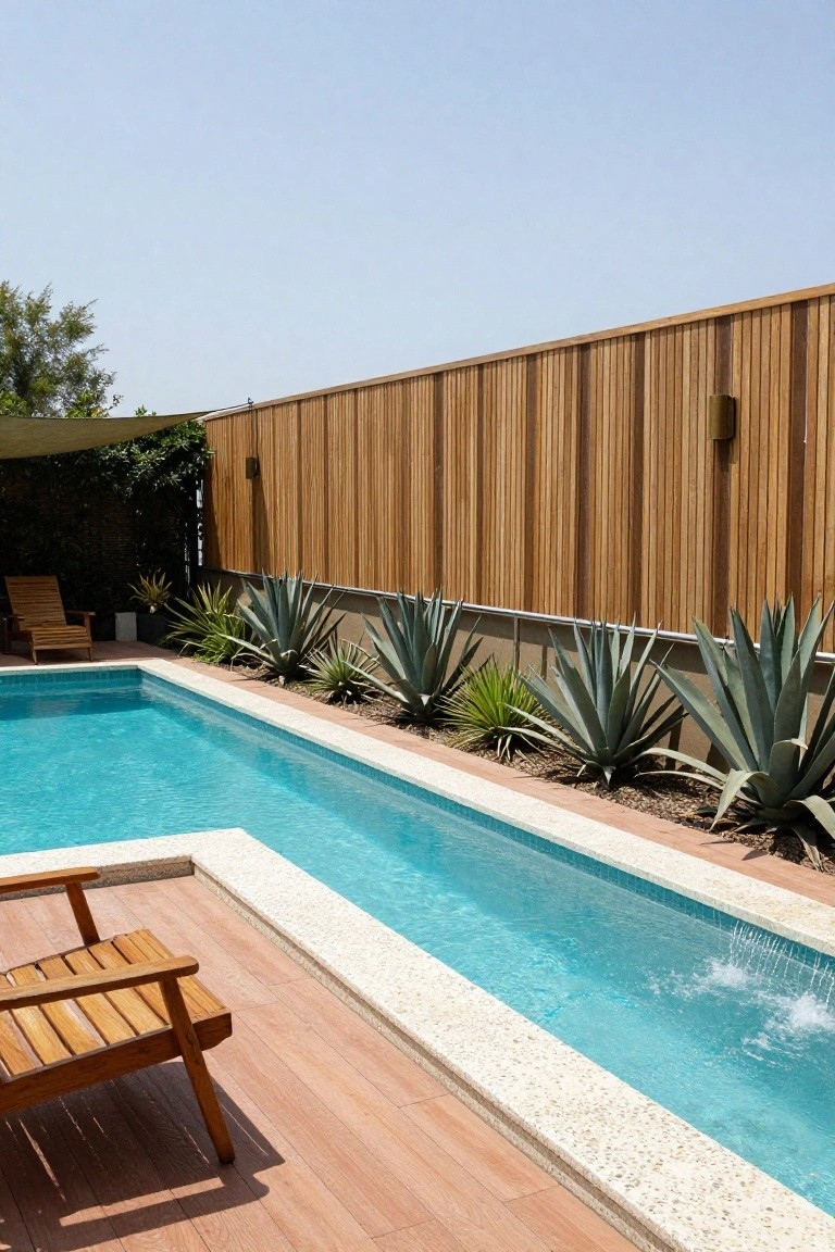 20 Creative Pool and Landscape Design Ideas For Visual Balance Narrow turquoise pool with clear water and small fountain, bordered by multiple agave plants along one edge, wooden deck with lounge chair in foreground, wooden fence and greenery in background.