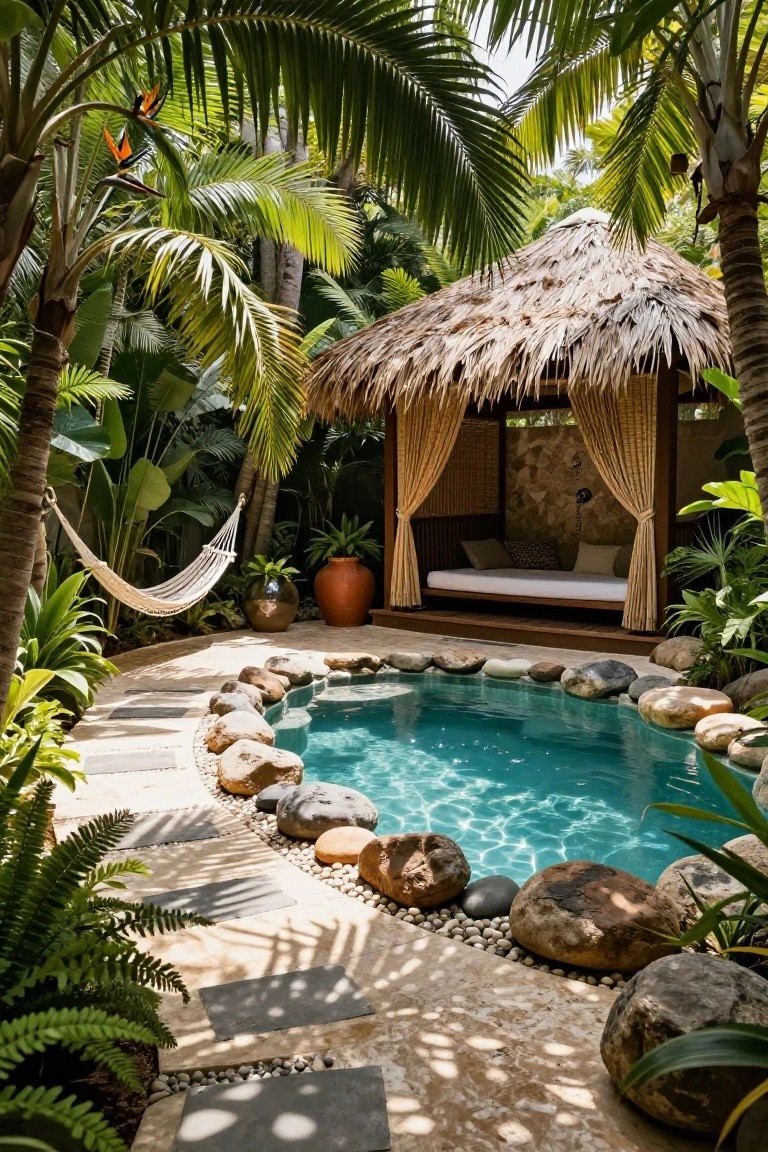 20 Creative Pool and Landscape Design Ideas For Visual Balance Small turquoise pool edged with rounded rocks and pebbles, surrounded by tropical plants and palms, with a thatched-roof cabana featuring draped bamboo curtains, a cushioned daybed platform, and a nearby hammock.