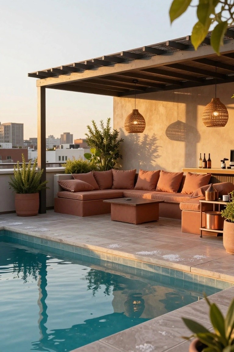 20 Creative Pool and Landscape Design Ideas For Visual Balance Rooftop terrace with L-shaped terracotta sofa under wooden pergola beside a pool, featuring potted plants, bar counter with bottles, woven pendant lights, and urban skyline in background.