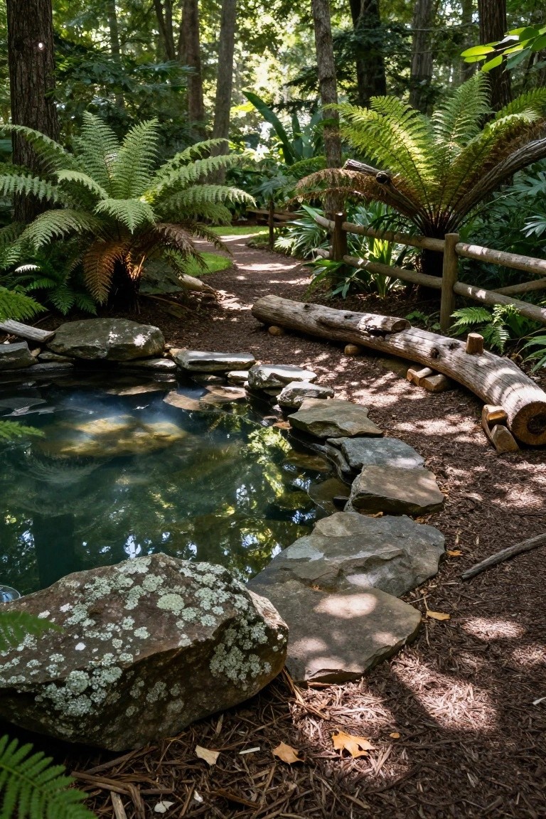 20 Creative Pool and Landscape Design Ideas For Visual Balance Small pond edged with natural stones and large logs along a woodchip path surrounded by ferns, trees, and a wooden fence in a shaded garden.