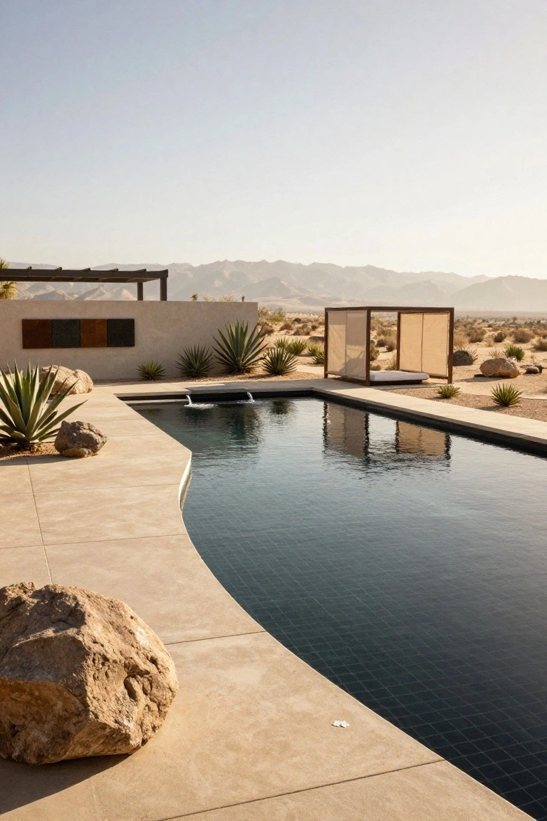 Curved black-tiled swimming pool with beige decking edged by large boulders and agave plants in a desert landscape with mountains and a shaded daybed structure.