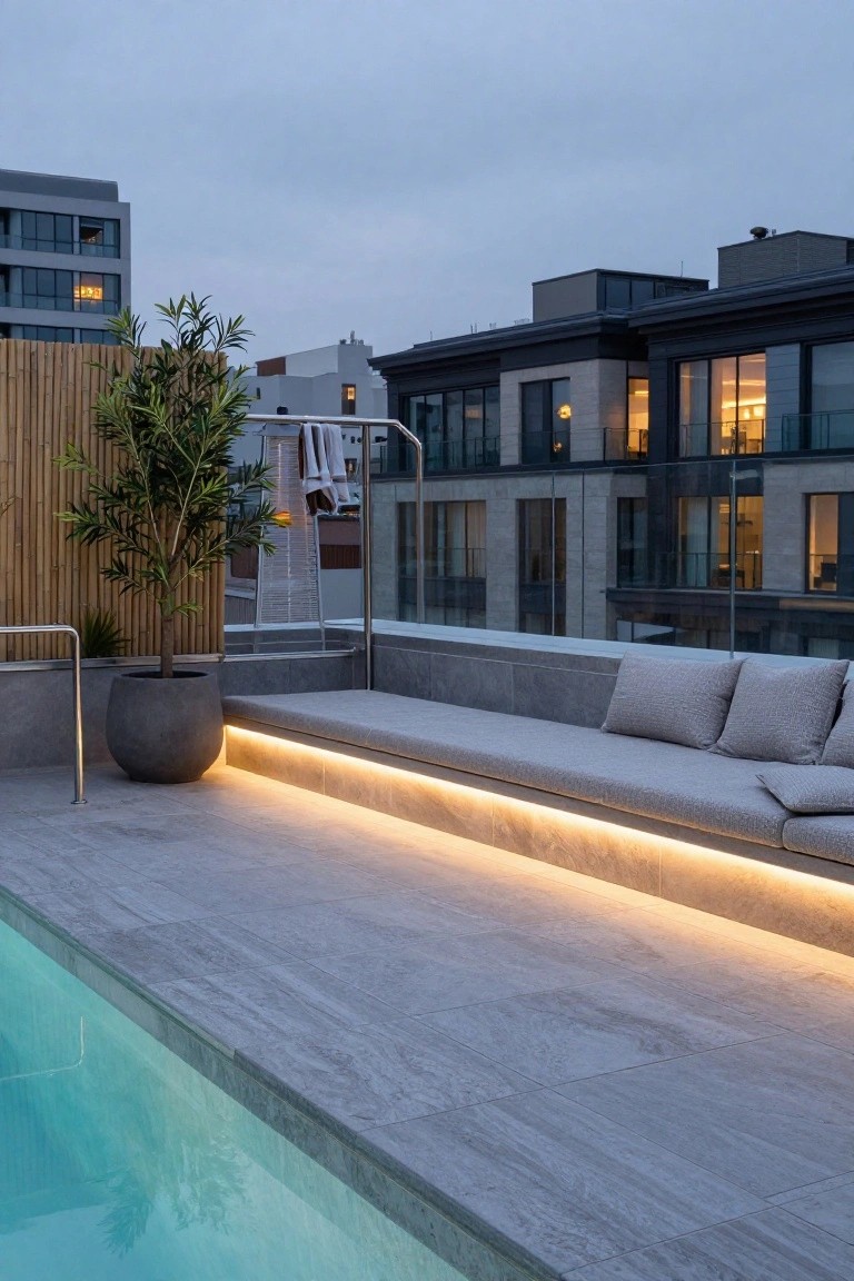 Rooftop pool area with gray tiled decking, built-in bench seat featuring LED strip lighting along the base, gray cushions on the bench, large potted plant nearby, bamboo screen, and stainless steel railing overlooking surrounding buildings at dusk.
