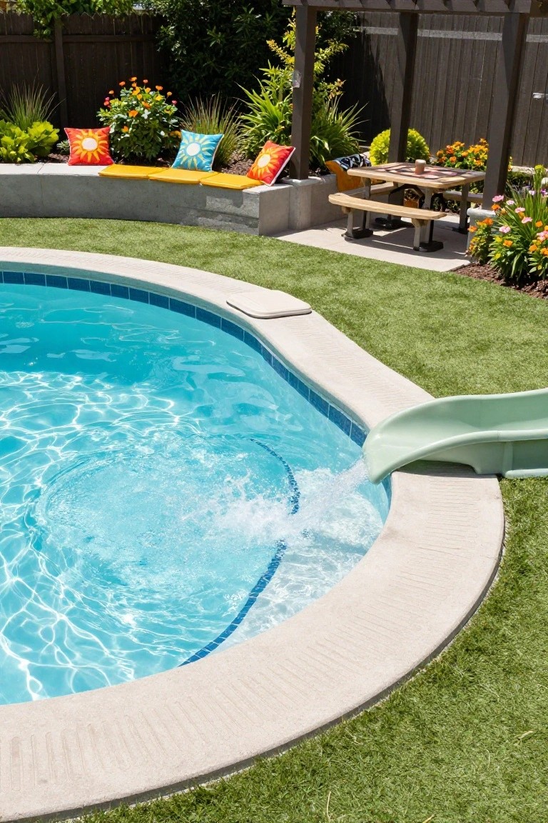 Oval backyard swimming pool with lime green slide pouring water, curved concrete bench topped with colorful cushions along the edge, wooden picnic table nearby, plants, and artificial grass.