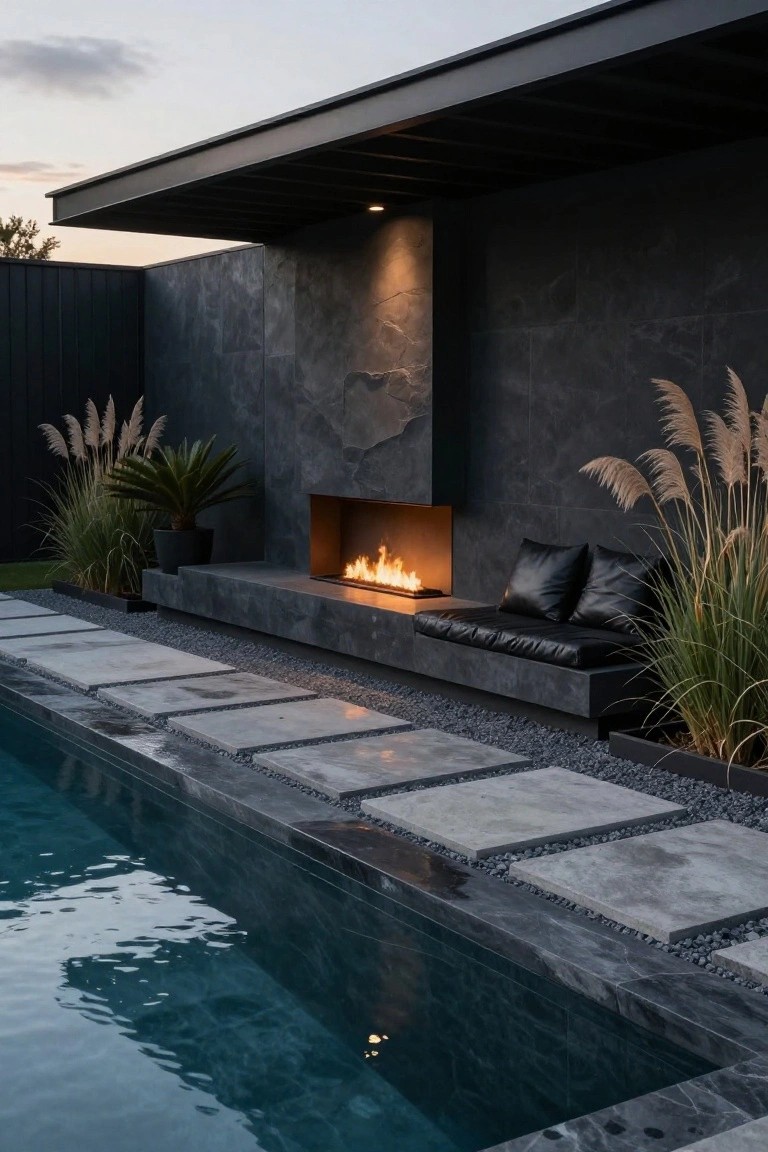 Modern outdoor pool area with a linear gas fireplace built into a concrete bench topped with black leather cushions, flanked by pampas grass plants and stone steps beside a dark-tiled infinity-edge pool.