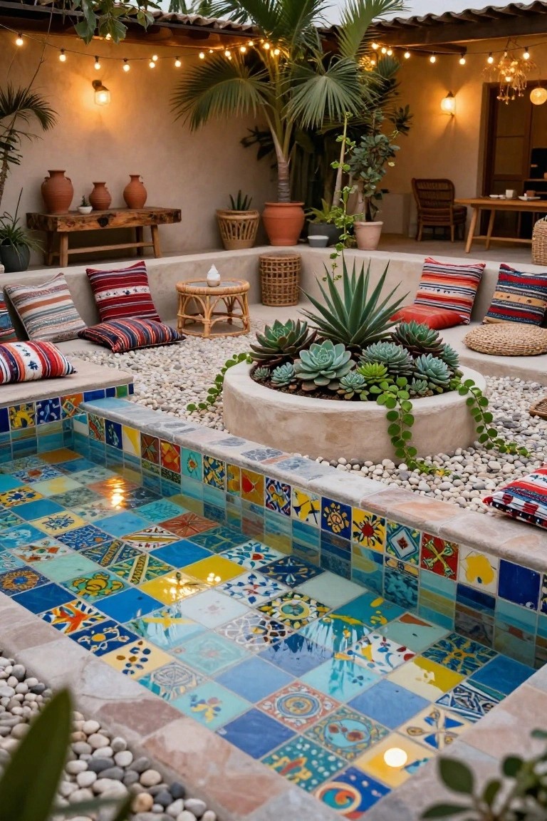 Small rectangular plunge pool with vibrant multicolored mosaic tiles in blues, yellows, and patterns, edged by pebble groundcover, surrounded by potted succulents, woven furniture, colorful cushions, and string lights in an outdoor patio.