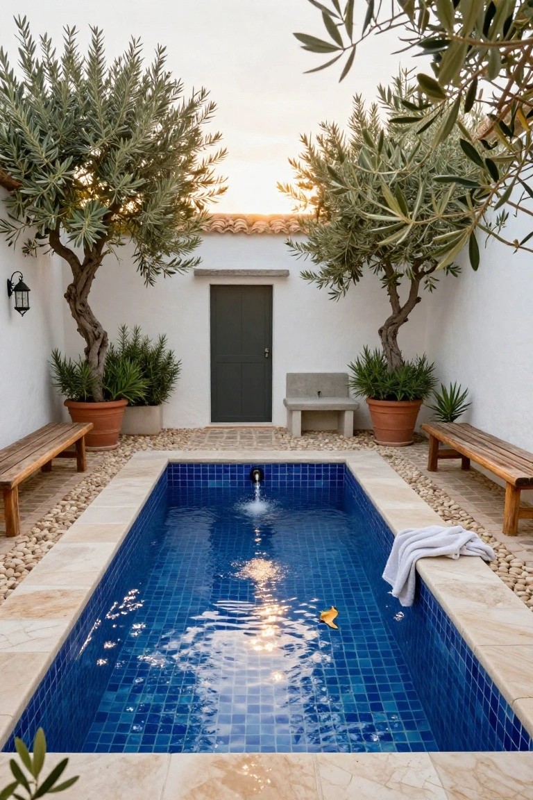 Small rectangular swimming pool with blue mosaic tiles in a white-walled courtyard, flanked by olive trees, potted plants, wooden benches, a stone bench, and pebble borders around terracotta pots.
