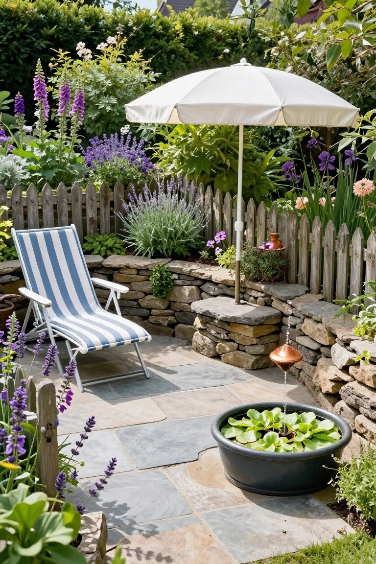 Cozy outdoor patio with blue-striped lounge chair under white umbrella, stone walls, picket fence, purple flowers, lavender, foxgloves, and black pot water feature with green plants and copper spout.