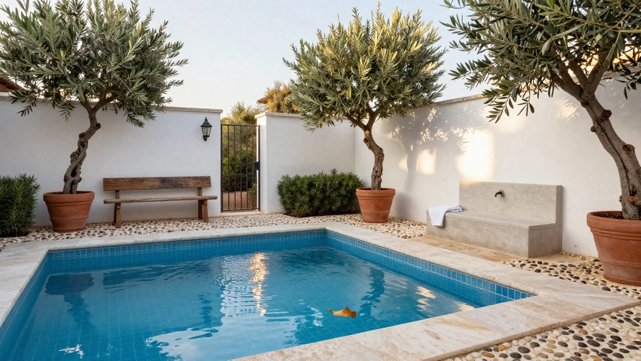 Small rectangular swimming pool with blue mosaic tiles in a white-walled courtyard, flanked by olive trees, potted plants, wooden benches, a stone bench, and pebble borders around terracotta pots.