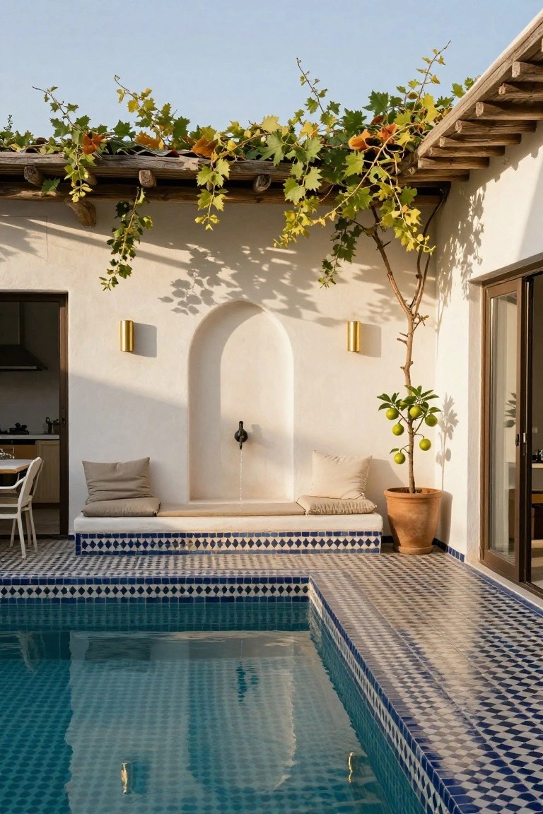 Pool with blue and white patterned tile surround extending to adjacent patio, white stucco wall with arched niche and fountain, built-in bench with beige cushions, overhead vine-covered wooden beams, potted citrus tree nearby.