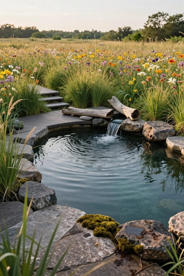 Serene pond with waterfall, wildflower meadow, and wooden deck at sunset.