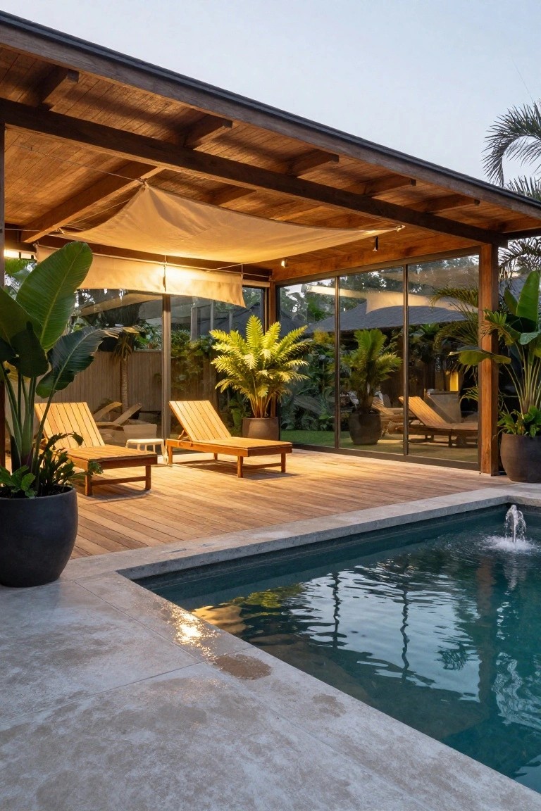 Wooden pergola with beige draped shade over two lounge chairs on a deck adjacent to a turquoise pool with fountain, surrounded by potted tropical plants and glass walls to an interior space.