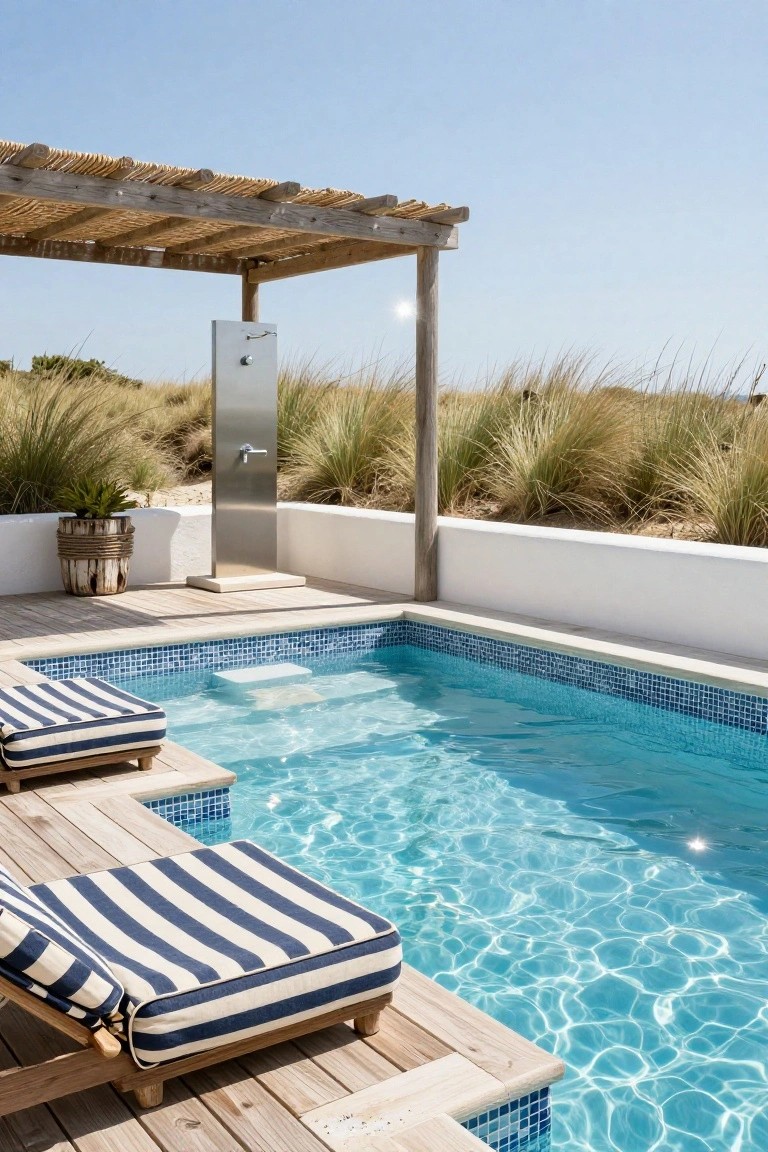 Small rectangular turquoise mosaic-tiled plunge pool integrated into a wooden deck with two white and navy striped loungers beside it, stainless steel outdoor shower on a white wall, thatched pergola, potted plants, and dune grasses under a clear blue sky.