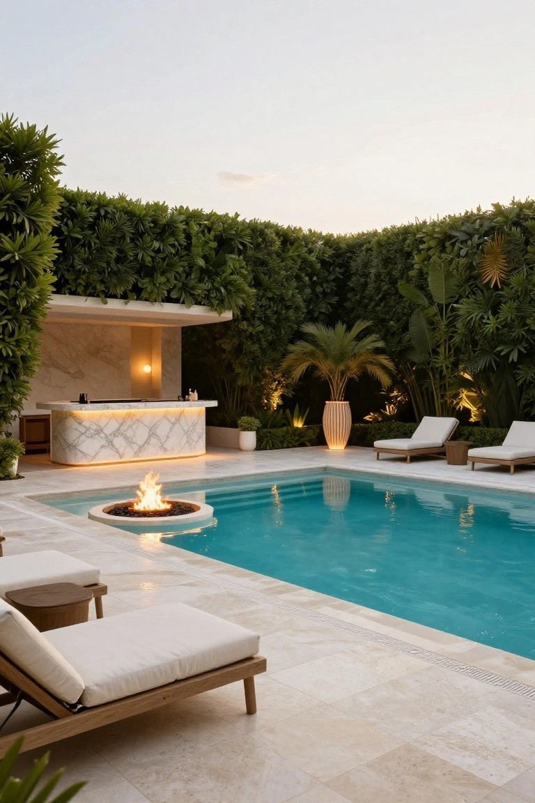Modern infinity-edge pool with circular gas fire pit integrated into the tile deck, turquoise water, nearby white lounge chairs, marble bar, and tall tropical plants.