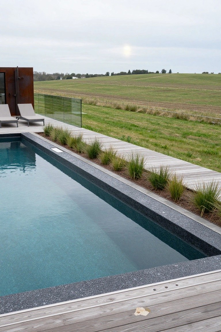 Rectangular swimming pool with dark pebble coping, bordered by linear planting of tall ornamental grasses on one side, wooden decking on the other, glass fence, lounge chairs, and green fields extending to the horizon under cloudy skies.