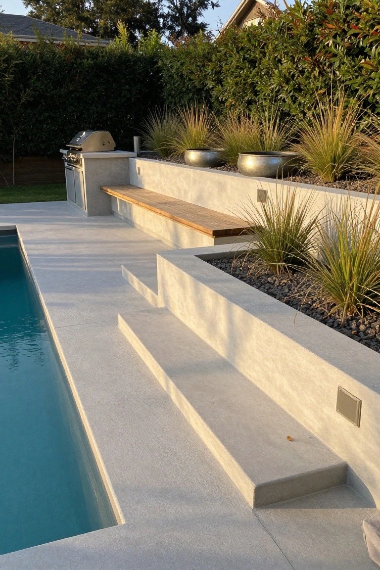 Backyard pool with light gray concrete deck, steps, and raised wall holding built-in stainless steel BBQ, wooden bench, metal pots with grasses, and black gravel mulch, edged by hedges and trees.
