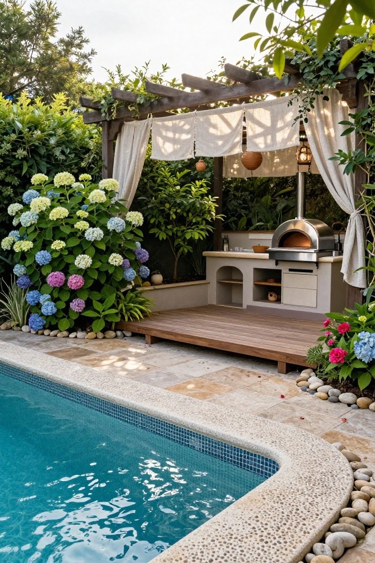 Backyard swimming pool next to a raised wooden deck with built-in outdoor kitchen featuring stainless steel pizza oven, under draped pergola amid hydrangea bushes and pebble edging