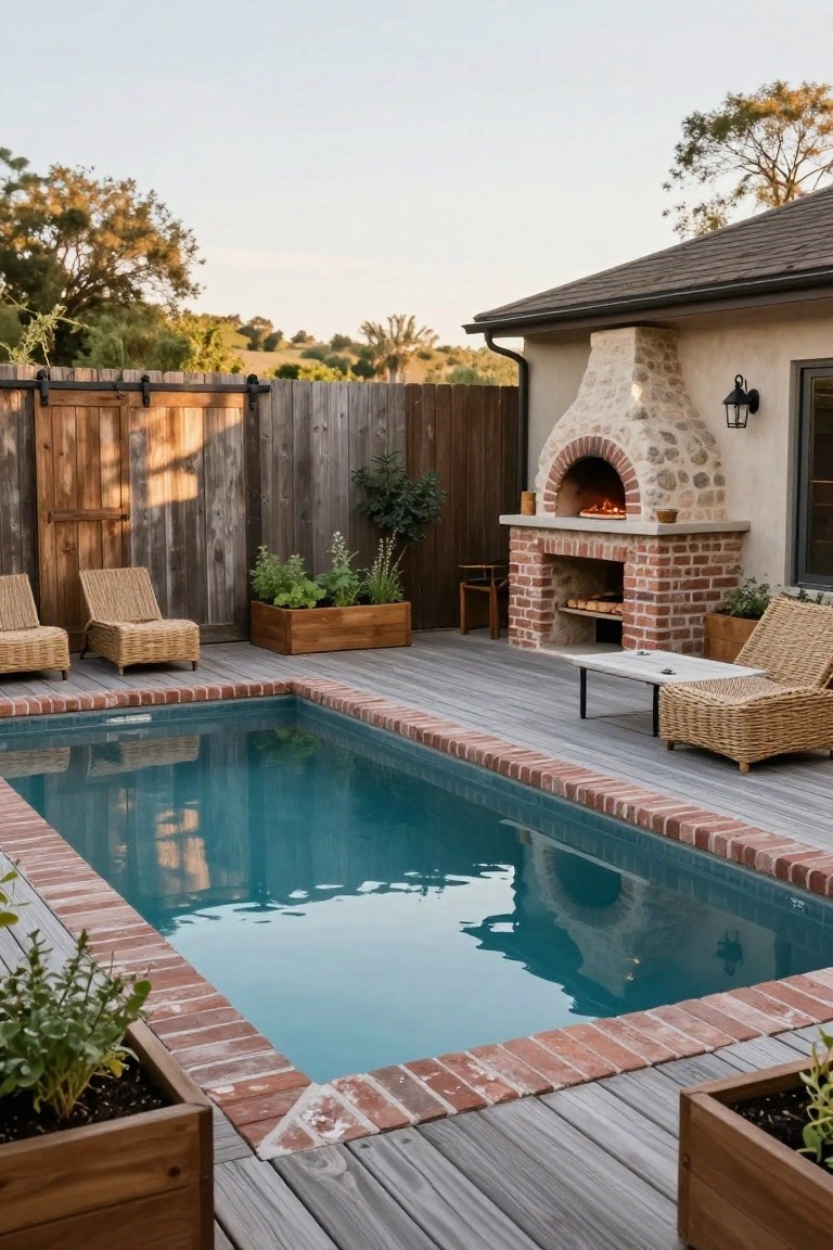 A turquoise rectangular pool with red brick edging on a wooden deck, adjacent to a stone and brick wood-fired pizza oven with fire inside, rattan lounge chairs, potted herbs, and a backyard fence.