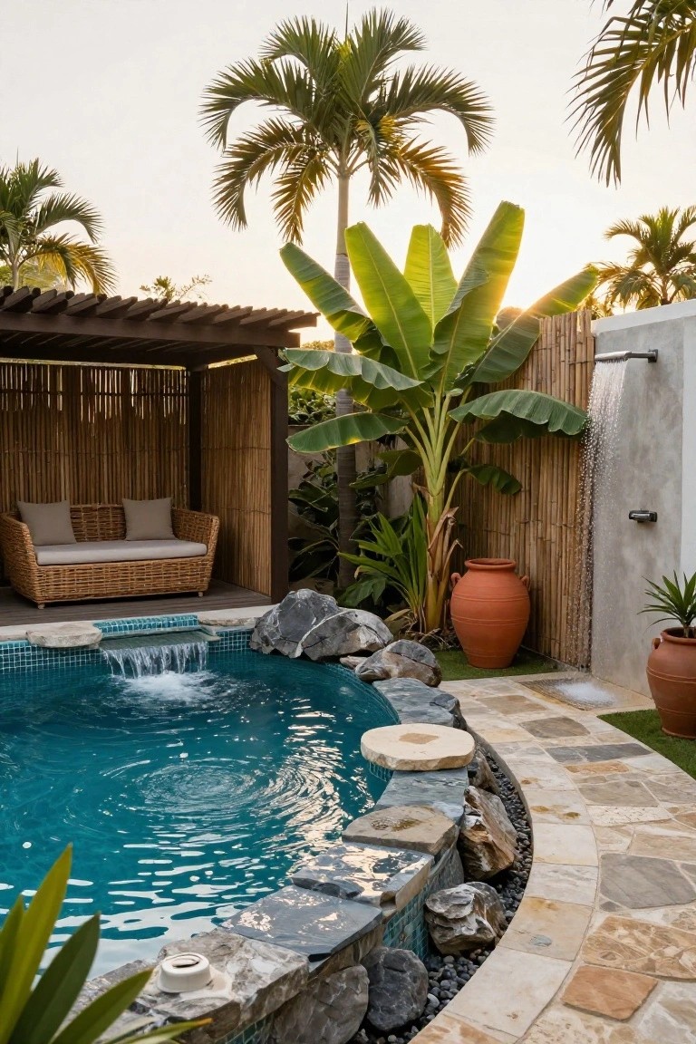 Curved turquoise pool with rock waterfall and stone edging, next to a bamboo pergola enclosing a wicker loveseat, outdoor shower, tropical plants, and terracotta pots in a lush yard at sunset.