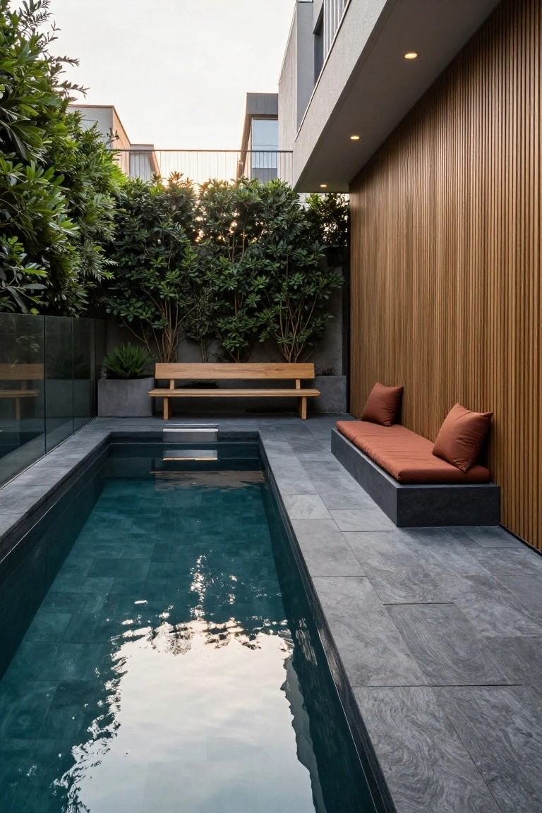 Modern courtyard with narrow pool, wooden bench, and terracotta bench against slatted wall.