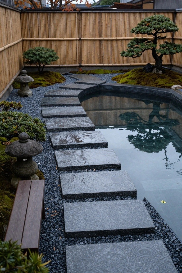 Small rectangular dark-water pool in a gravel and moss zen garden, with irregular gray stepping stones leading to it, surrounded by bamboo fencing, stone lanterns, bonsai trees, and a wooden bench.