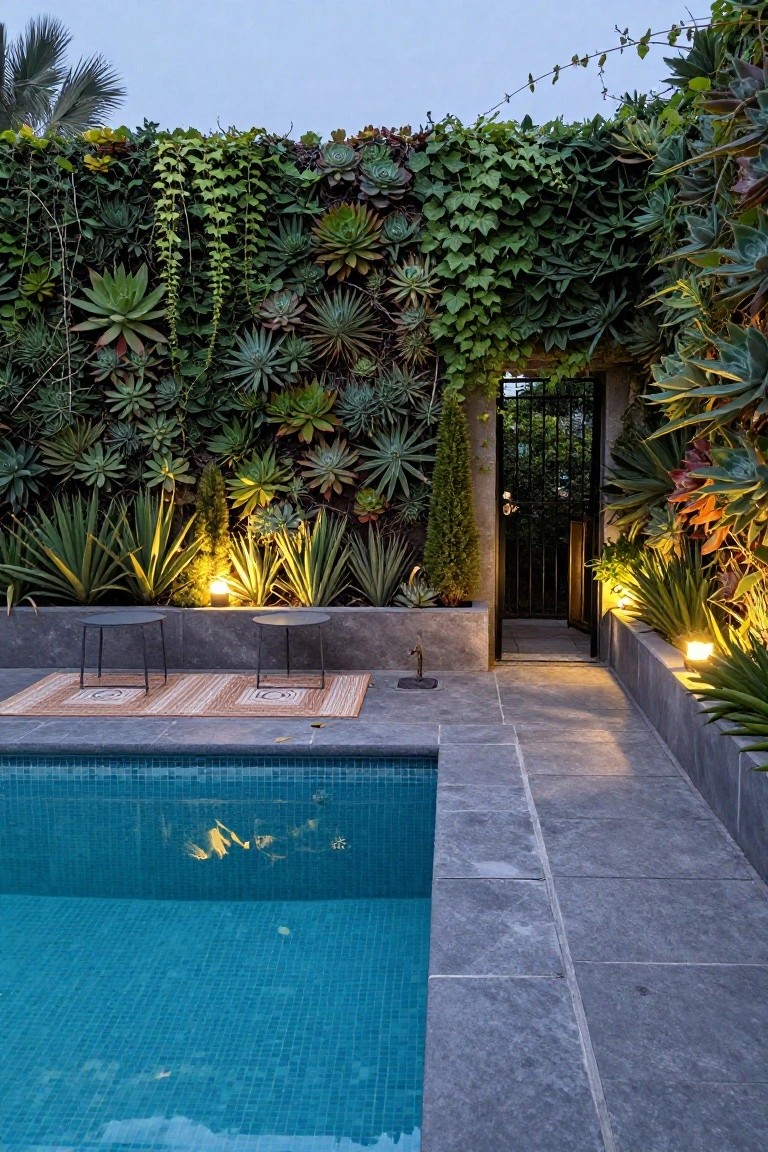 Backyard pool with turquoise water and gray stone decking edged by a tall wall densely planted with succulents, agaves, and vines, a black metal gate entrance flanked by potted plants and uplights, and two metal side tables on a woven rug beside the pool.
