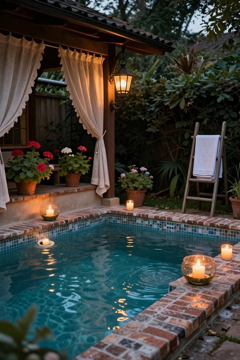 Small turquoise-tiled pool with candles in glass holders floating in the water and placed on the surrounding brick edge, near potted plants, sheer curtains on a wooden gazebo, and a towel ladder.