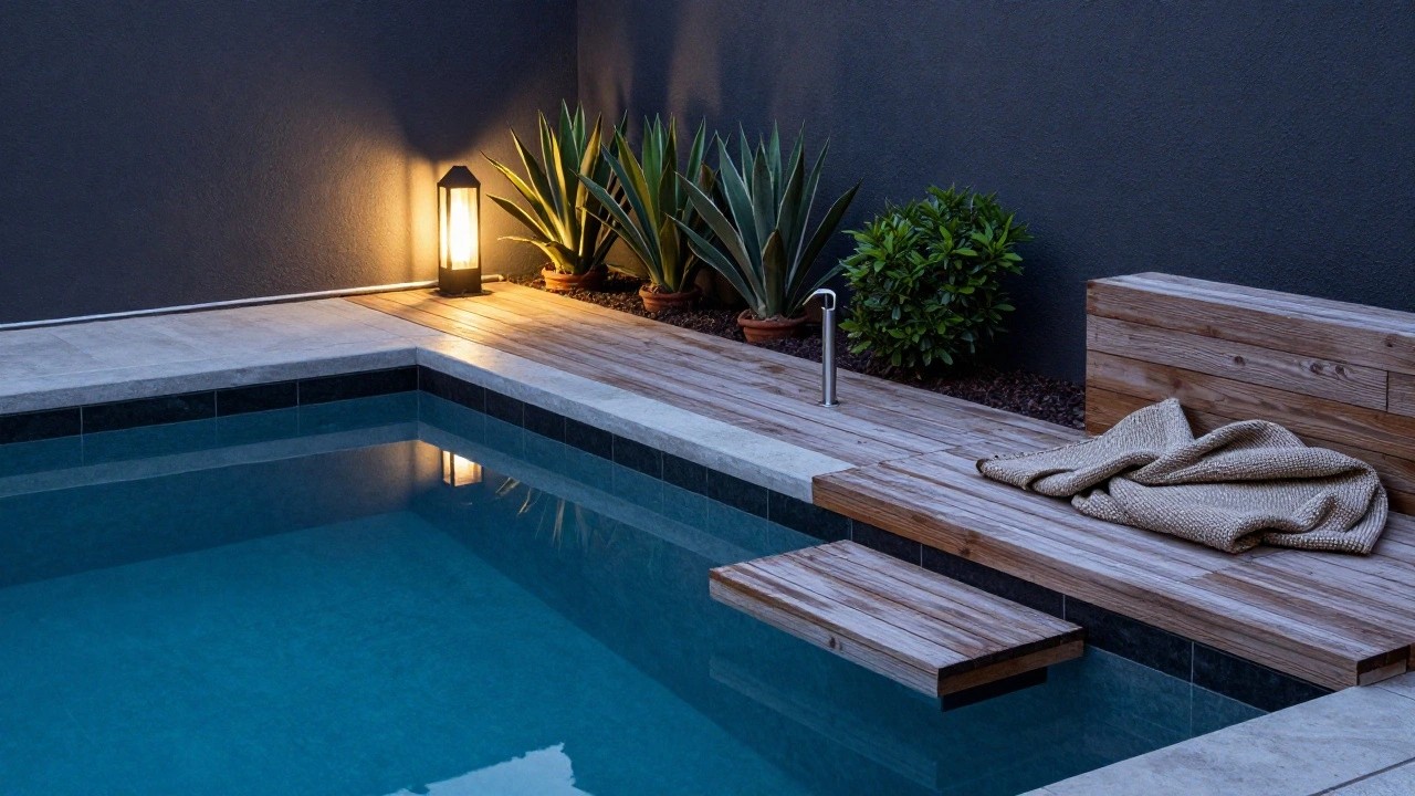 Nighttime view of a raised wooden deck next to a lit infinity-edge pool, with potted agave plants, a beige rattan chair with gray blanket, black metal lantern, black striped post light, and dark textured wall backdrop.
