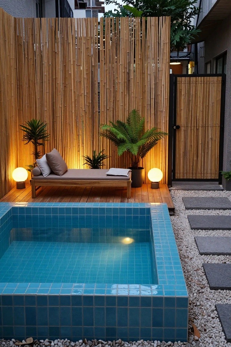 Small turquoise-tiled pool in a backyard with wooden daybed, white globe lamps on pedestals, potted plants, and bamboo fencing around the area.