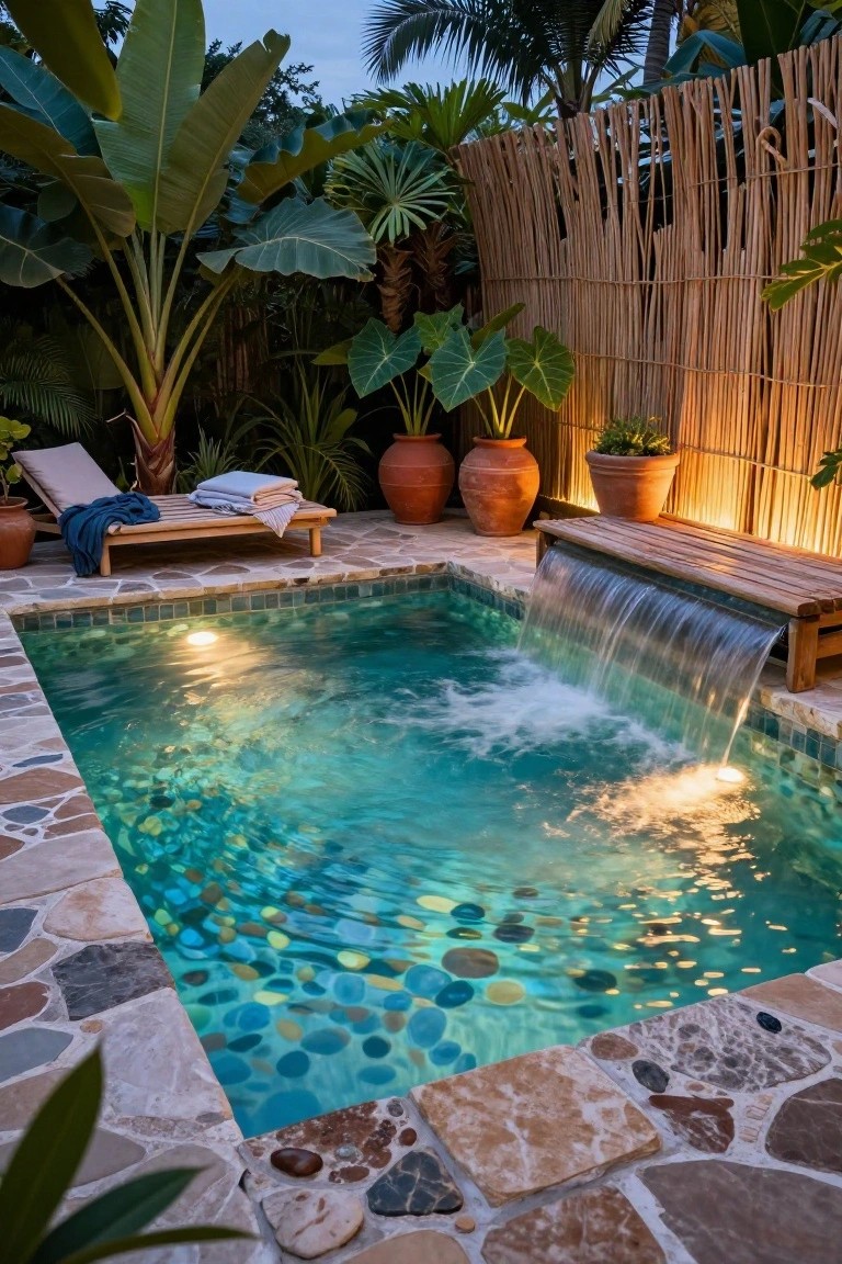 Small rectangular pool with turquoise water over colorful pebble mosaic bottom, illuminated from underwater, waterfall cascading over wooden bench into pool, nearby lounge chair with towels and cushions, potted plants, terracotta pots, and bamboo fencing in lush tropical garden at dusk.