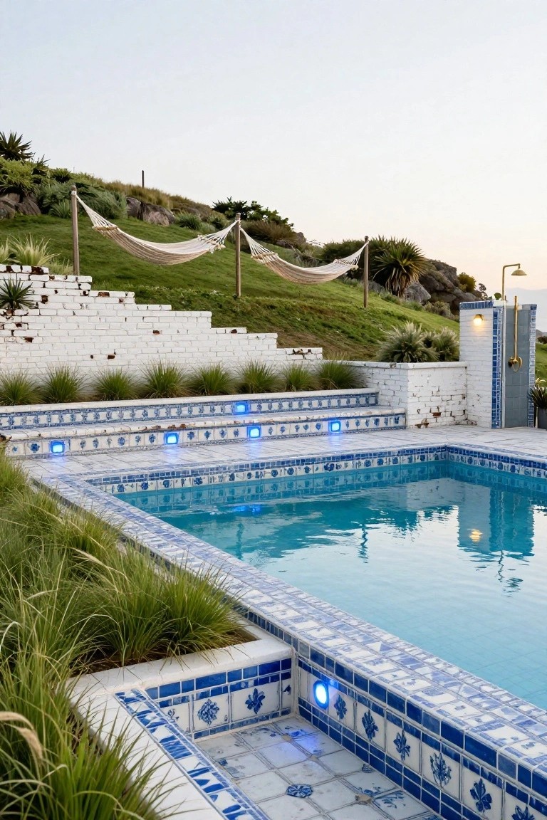 Backyard infinity pool with blue tiled edges and steps featuring recessed blue lights, white brick retaining walls, hammocks strung on wooden posts above grassy slopes, plants and an outdoor shower nearby.