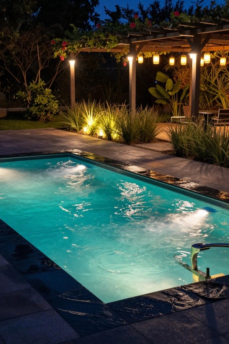 Nighttime photo of a glowing turquoise pool with underwater lights and a bubbling fountain, under a wooden pergola strung with hanging lanterns, surrounded by potted plants, grasses with uplights, and lounge chairs on a stone deck.
